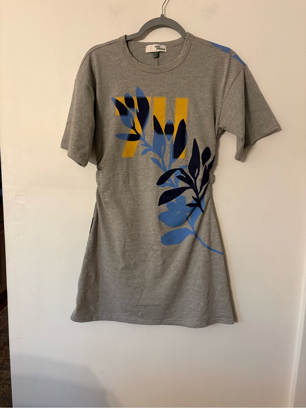 Anthropologie Gray Tee Dress with Blue & Yellow Botanical Motif